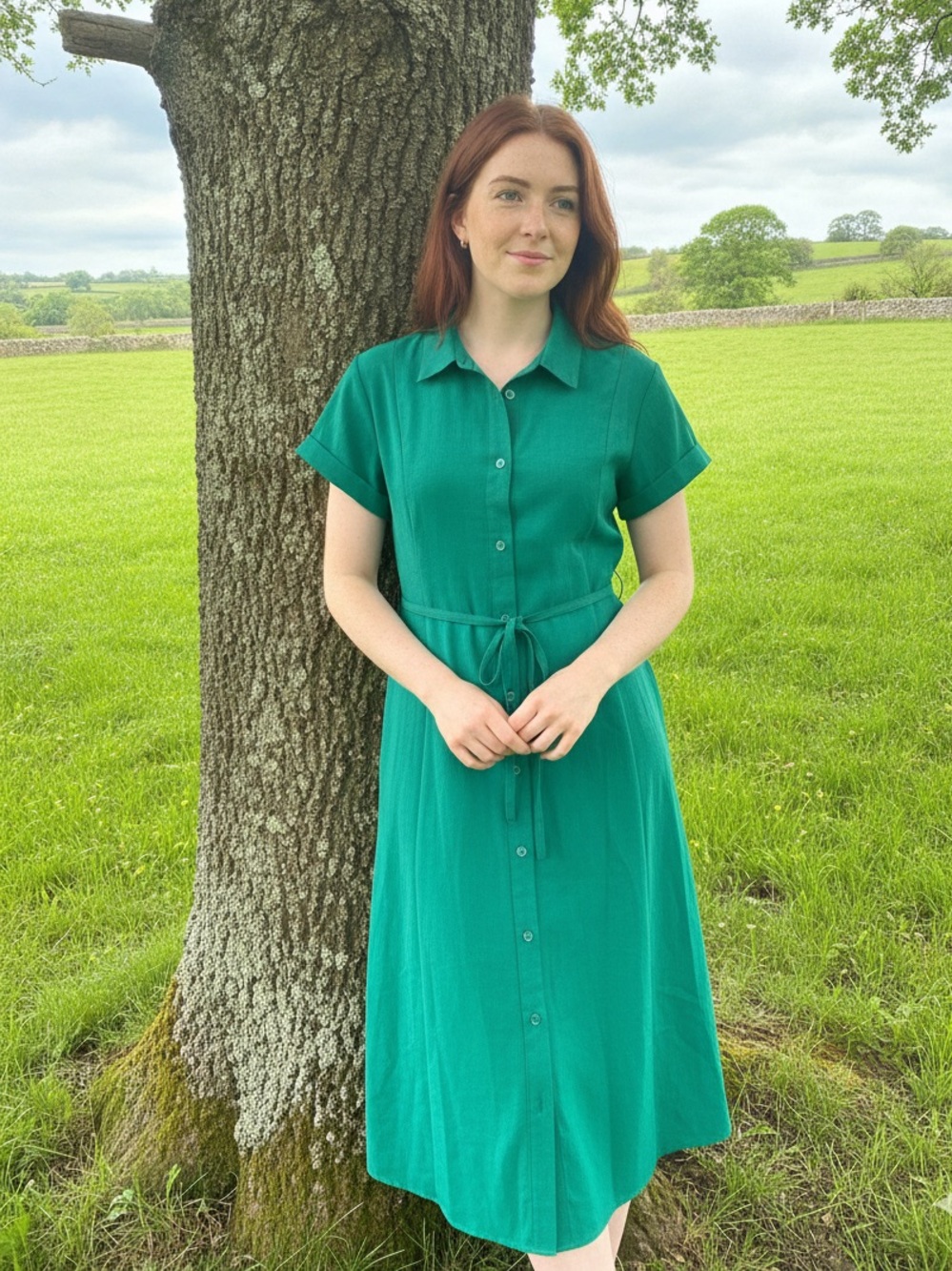 Kelly Green Button-Front Shirt Dress